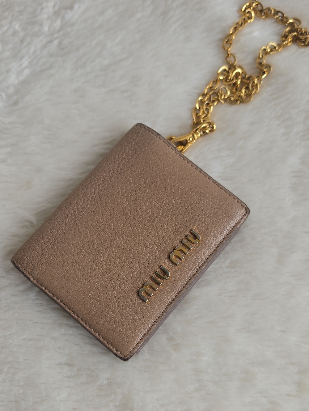 Miu Miu Tan Leather Card Holder Wallet w/ Chain Strap